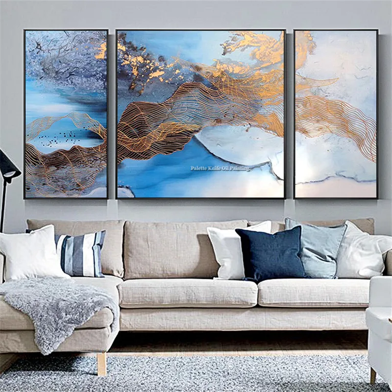 3 pieces abstract painting on Canvas blue acrylic painting Wall art Pictures for living room quadros caudros decor decoracion