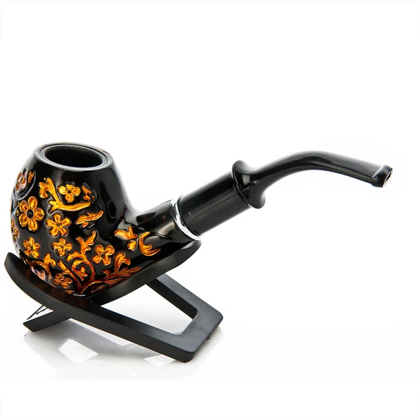 

1 PC Top Fashion Black Resin Smoking Pipe Gold Flower Carving Metal Filter Resin Cigarette Accessories Wood Tobacco Herb Pipes