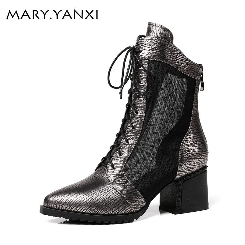 

Mary.Yanxi New Fashion Genuine Leather High Square Heels Summer Boots Zipper Lace Up Mesh Ladies Shoe Pointed Toe Boot Big Size