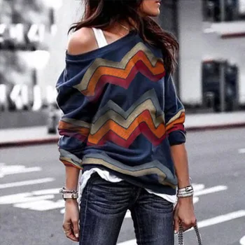 

Women Blouses Off Shoulder Tops Striped Print Pullover Jumpers Casual Knitted Tops Long Sleeve Blouse Shirt Camiseta Mujer
