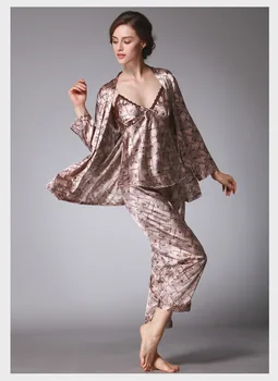 

Women's silk sexy pajamas sets printing 3 piece set luxury sleepwear