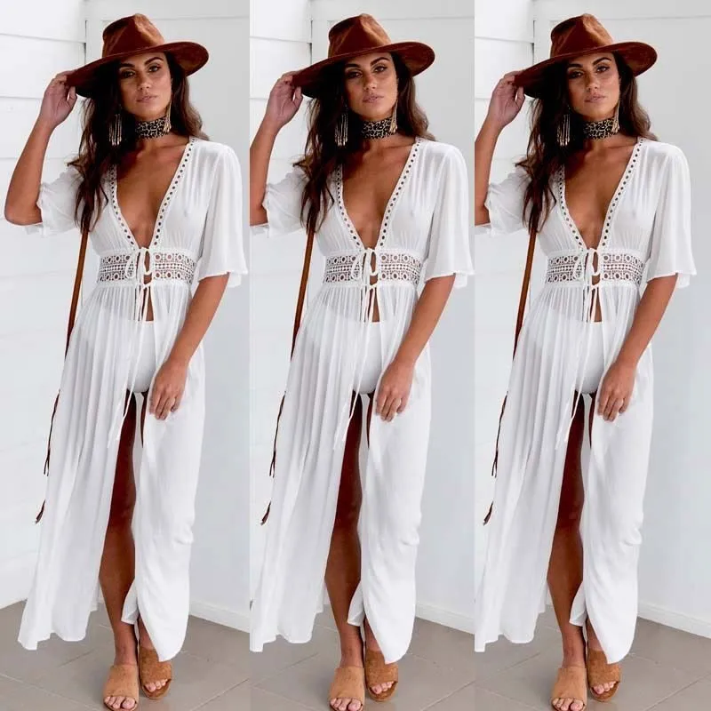 Summer Pareo Beach Cover Up Women tunics for beach Short Sleeve V Neck white beach dress Wear Swimwear Vestidos Cover Up