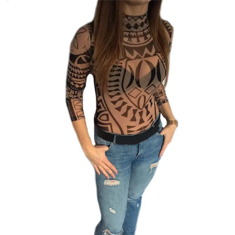 المرأة مثير كم طويل داخلية الطوطم المطبوعة عالية طوق النساء داخلية الجسم فام أزياء المرأة السروال القصير منظور وزرة