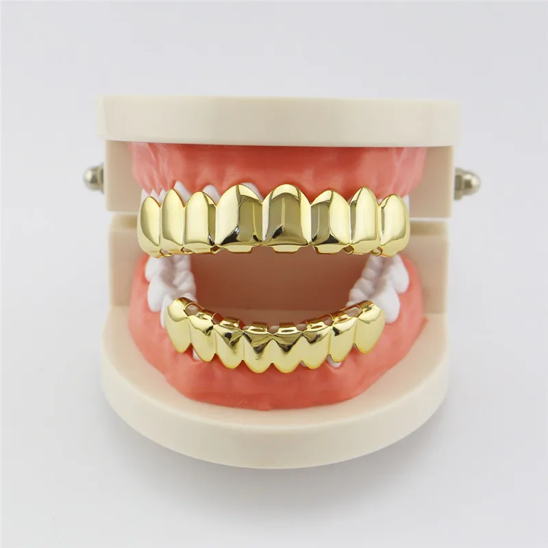 Хип-хоп золотые зубы Grillz Топ и низ 8 зубов грили стоматологический Косплей вампирский зуб шапки Рэппер вечерние ювелирные изделия подарок XHYT1007