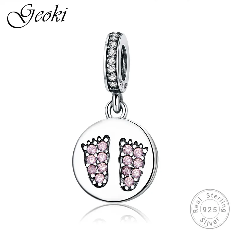 

Geoki 925 sterling silver beautiful baby pink birth imprint CZ charm fit Pandora Bracelet Cute Footprint Beads Necklace Pendant