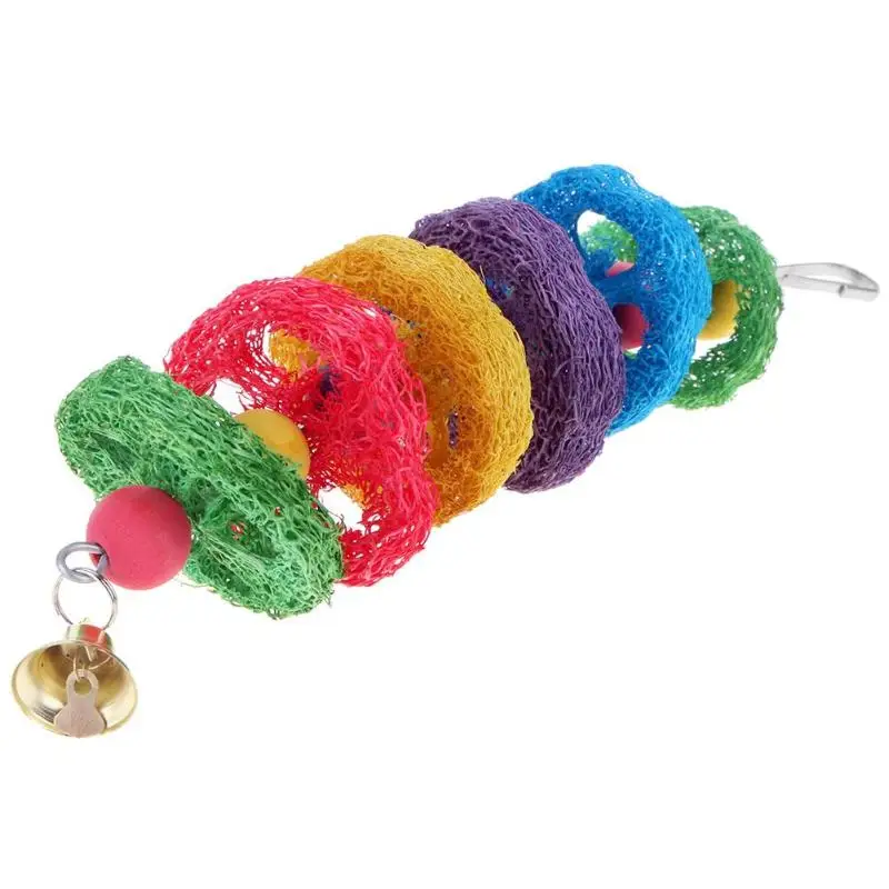 Colorful Pet Parrot Loofah Chew Biting Toy Squirrel Bird Molars Swing