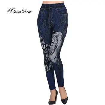 

Slim Women Seamless Leggings Faux Denim Jeans Spring Summer Tiger Printing Leggings Casual Ankle Length Pencil Pants Thin Fleece