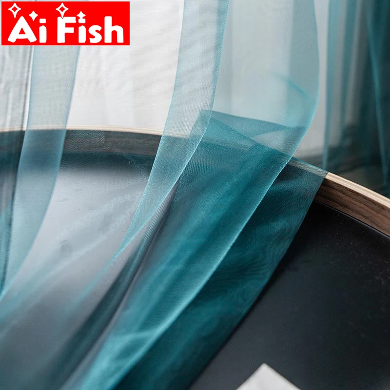 

Modern minimalist peacock blue sheer curtains for living room organza tulle yarn panel window treatment kitchen curtain MY101#40