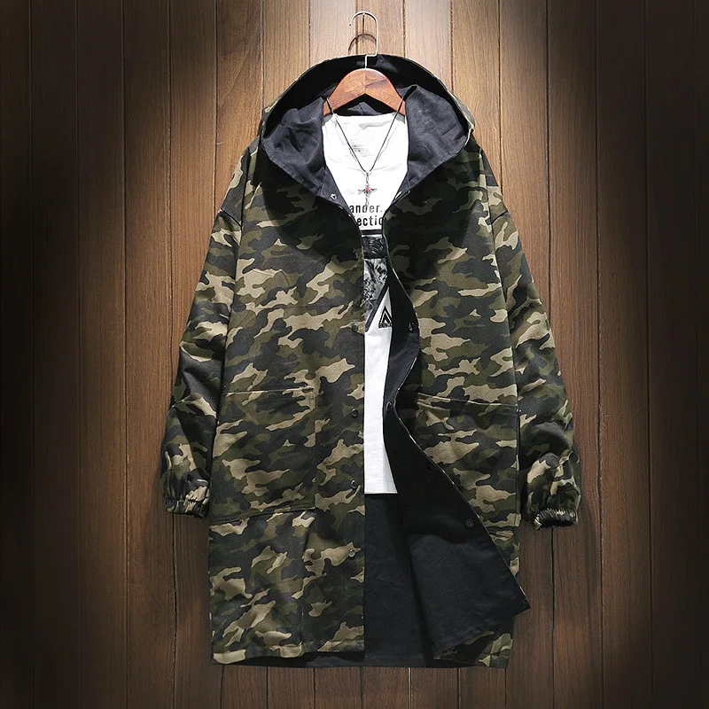

New Army Green Camouflage Reversible Trench Coat For Men Winter Thick Cotton Lining Mens Overcoat Long Oversize Hooded Jackets