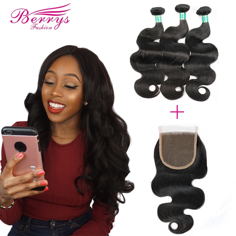 

3 Bundles with Closure Brazilian Body Wave 8A Virgin Hair Weave Nature 1B 100% Human Hair Extension 10-28inch Free Shipping