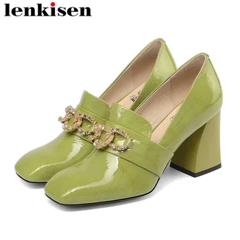 

2019 big size genuine leather classic square toe high heels European designer fashion runway chain decoration slip on pumps L88