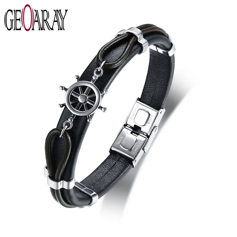 

Geoaray Punk Retro Rudder Charm Link Chain Bracelet Mens Genuine Black Leather Bracelets Male Jewelry
