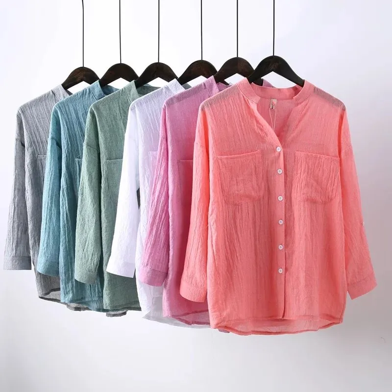 

Spring Summer Long Sleeve Solid Color Cotton Blouse Plus Size S-2XL Tops Korean Style Tee Shirts Cotton Blouse