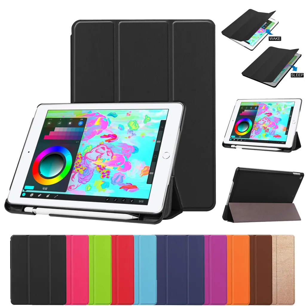 

For iPad 9.7 2018 Release Smart Leather TPU Stand Case Cover With Pencil Holder Wake up function Pen slot design Fashion