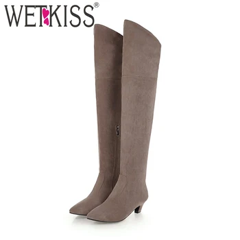 

WETKISS Plus Size 34-48 Thick Heesl Boots Pointed Toe Footwear Flock Over The Knee Female Boot Stretch Shoes Woman 2018 Winter