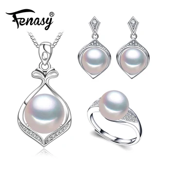 

FENASY 925 Sterling Silver Jewelry Sets Natural Pearl Pendant Necklaces For Women Trendy Stud Earrings With Stones Wedding Rings