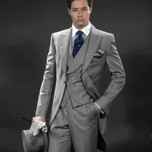 Изготовленный На Заказ утренний костюм светло-серый фрак жениха, мужские свадебные костюмы для выпускного вечера(пиджак+ брюки+ жилет+ галстук) H: 039