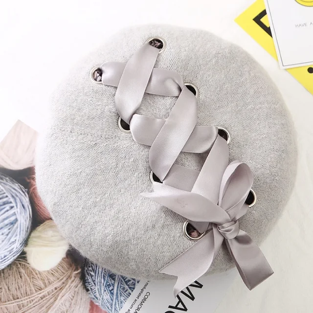 VISROVER New Sweet Cute Berets Women Winter Hats Soft Macaron color Ribbon Woolen Lolita Beret classical Soft Straps Cross Bow light grey