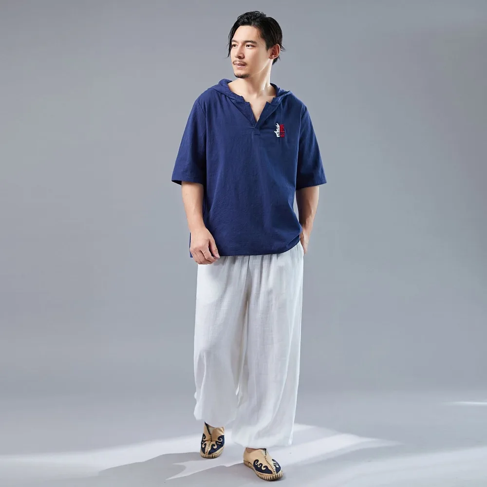 LZJN 2019 Men's Shirt Summer Style Hooded Short Sleeve Blouse Top Men New Casual Embroidery Cotton Linen Shirt Camisas De Hombre (18)