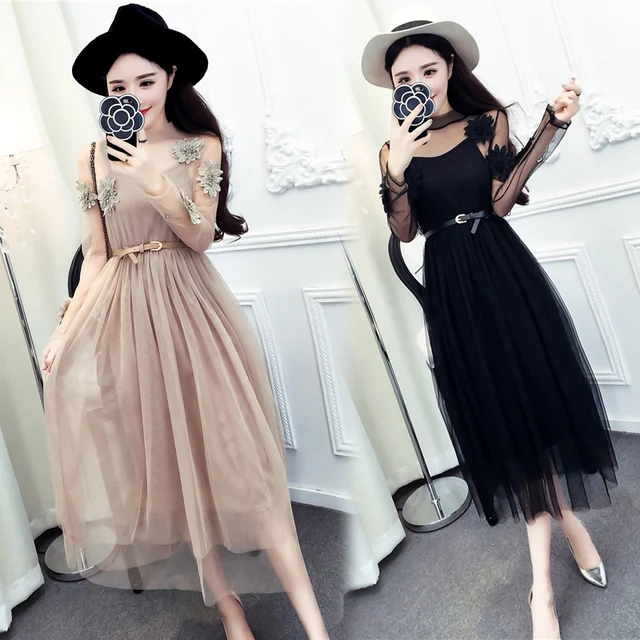 The spring of 2017 new sexy lace gauze dress with long sleeves and long ...