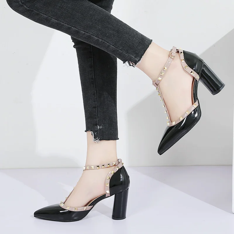 Summer Shoes High Heels T Strap Rivet Pumps chunky Heels Sandal Patent Leather Dress Shoes White wedding shoes Ladies 7579