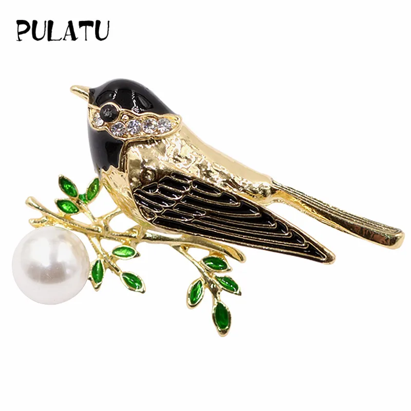 PULATU Cute Magpie Pearl Brooches for Women Spring Brooch Pins Fashion Birds Women Brooches