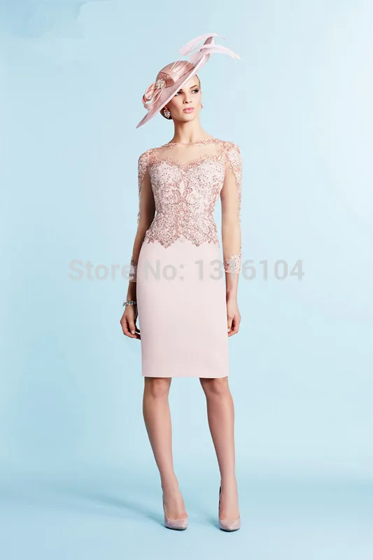 Жемчуг Розовый мать невесты платье костюмы с курткой короткая длина до колена 3 4 Рукава Оболочка невесты Мать платье