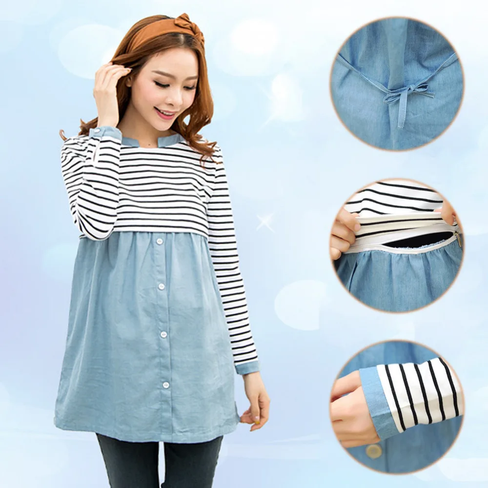 Fashion Spring Maternity Clothes Patchwork Long Sleeve Nursing T-Shirts For Pregnant Women Striped Casual Breastfeeding Tops