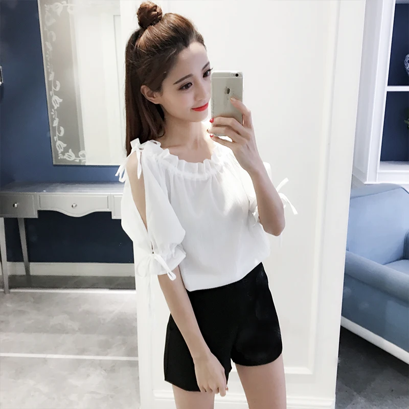 2017 Verano Blusas женская блузка с открытыми плечами шифоновая рубашка круглым вырезом