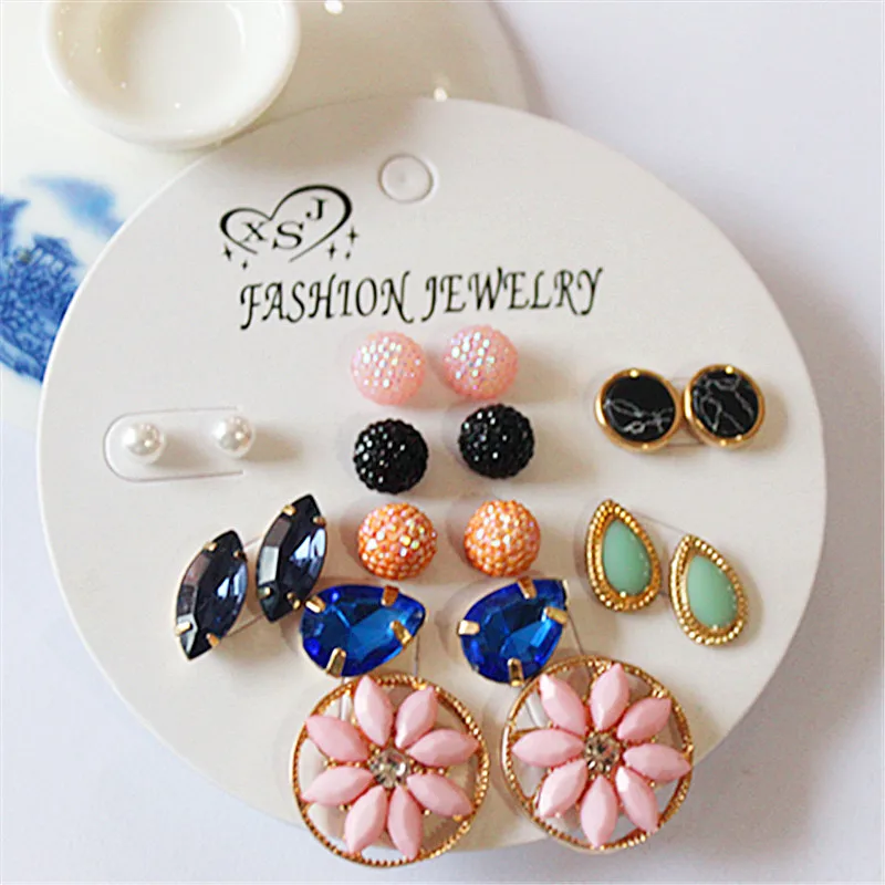 

Newly designed women jewelry wholesale girl pearl studs beautiful black pink mix style 9 pairs /set earrings gift free shipping