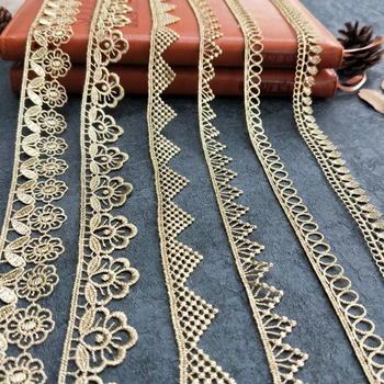 

5yards/lot golden lace fabric Wedding Dress Beaded Lace Applique Gold Thread Embroidery Lace Accessories Trim