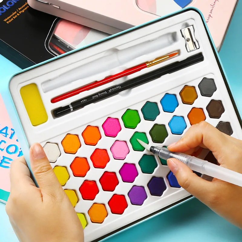 36 Color Solid Watercolor Paint Set Iron Box Professional Water Color Brush Portable Art