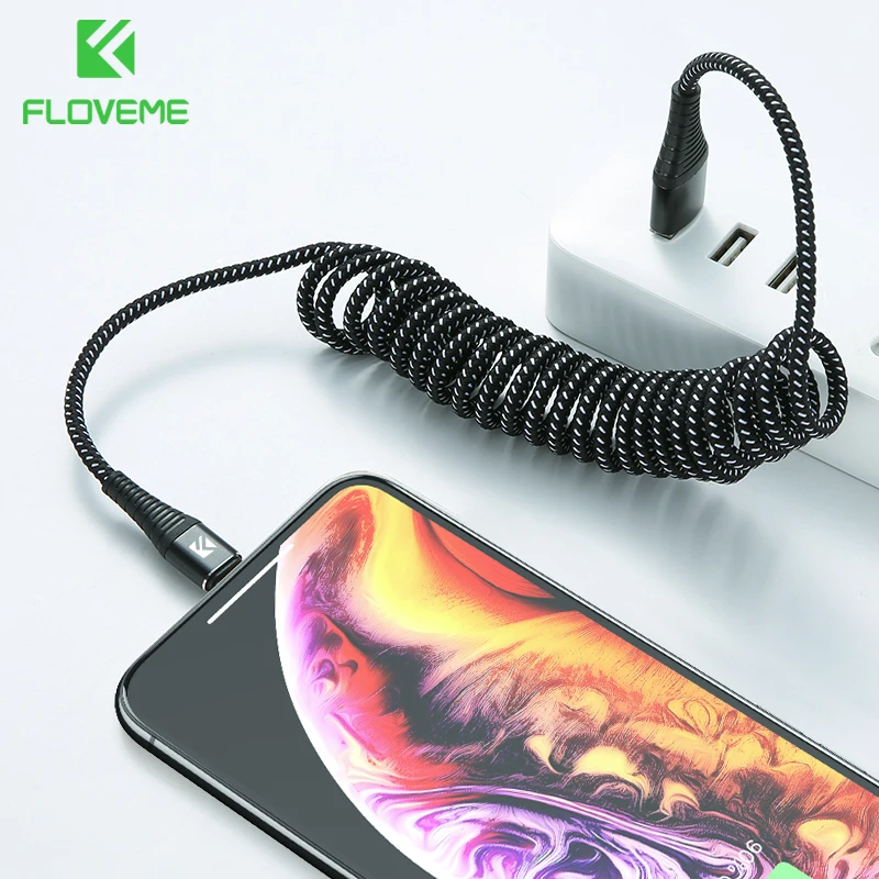 

FLOVEME USB Cable For iPhone XR XS MAX X Spring 2A Fast Charger For iPhone X Lighting Cable Charging Data Sync Nylon Phone Cable