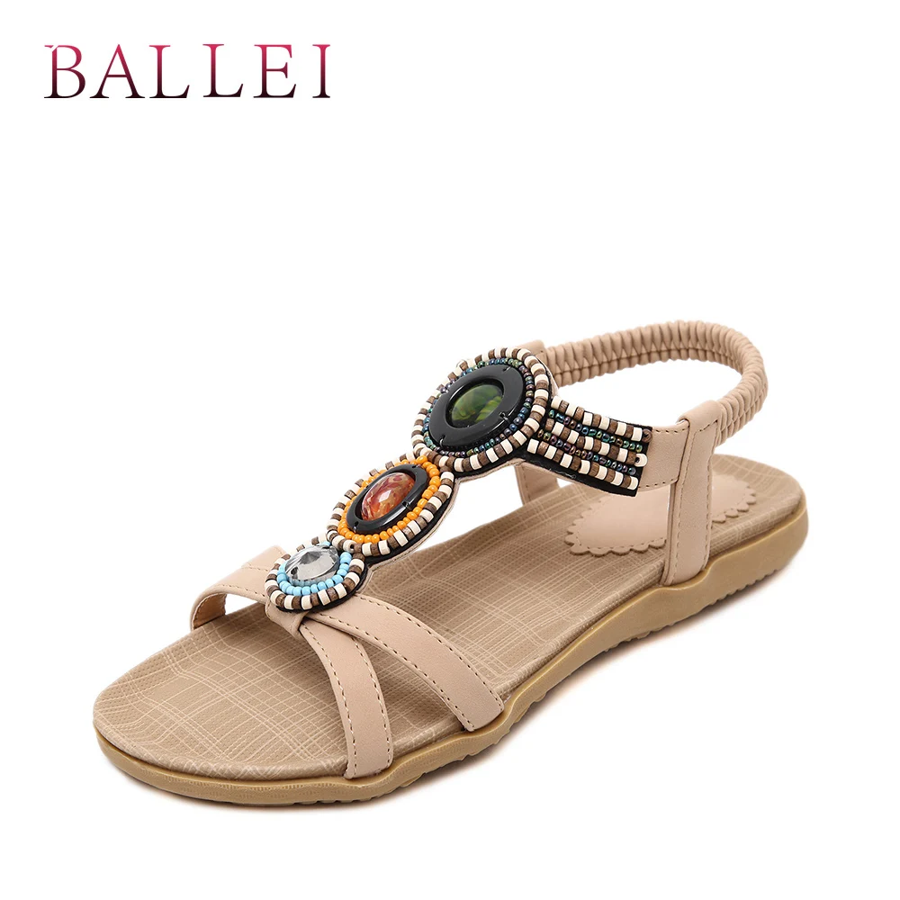 

BALLE Handmade National Style Woman Sandal High Quality PU Crystal Decoration Comfortable Low Heel Shoes Classic Lady Sandal S11