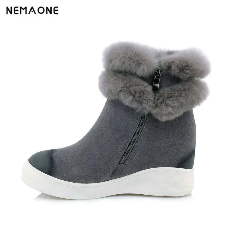 NEMAONE Winter Natural Real  Fox Fur cow Leather Recoon Fur Snow Boots Women  Short Ankle Boots Female Fur Boots