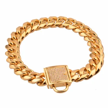 

Men's 316L Stainless Steel Curb Cuban Link Chain Necklace Gold Steel Necklace Clear Stone Buckle For Men 7-40" Hiphop Jewelry