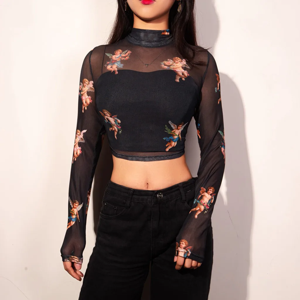 

Women short T-Shirts Tops Casual Printed Turtleneck Long Sleeve Mesh Transparent Slim T-Shirts Ladies Tops Tee