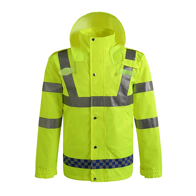 

Mens Coats Reflective Jacket Raincoat Water/Wind-Proof Fluorescent Green Reflective Stripe Hat Detachable