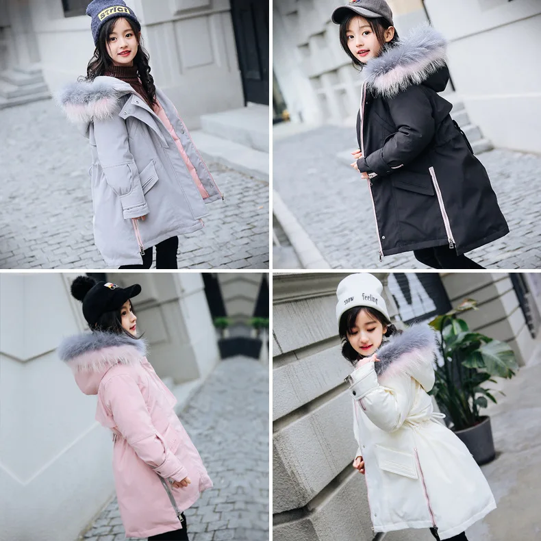 Зимнее пальто для девочек парка Long Down Puffer с капюшоном меховой воротник Детская