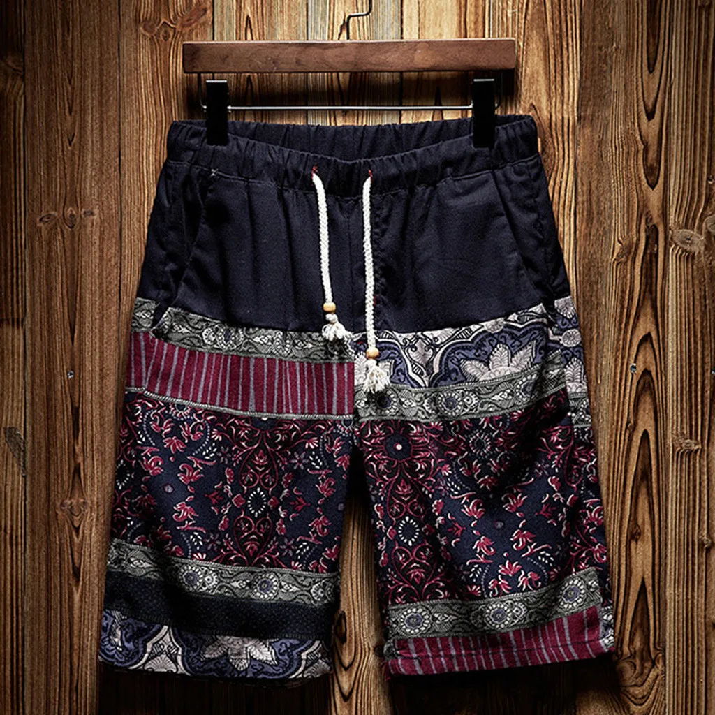 Новые мужские шорты,, повседневные пляжные шорты мужские, новые летние повседневные, в этническом стиле, свободные, хлопковые, конопли, пляжные шорты, брюки