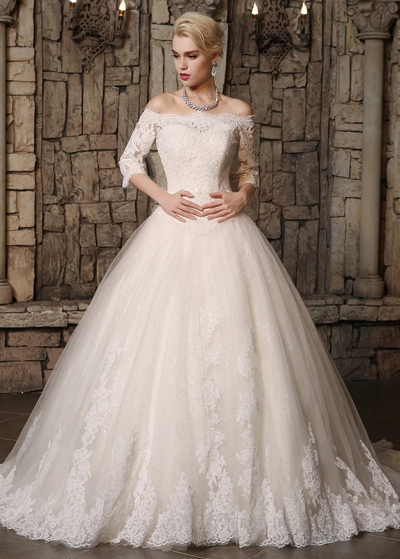 Off The Shoulder Lace Ball Gown Wedding Dresses 2017 3 4 Sleeves
