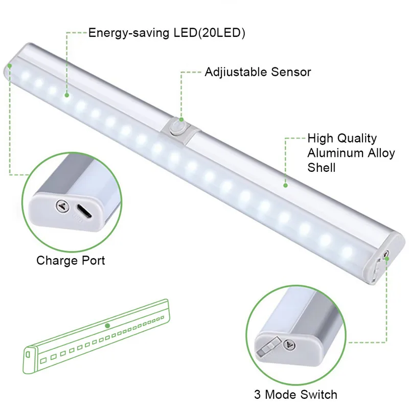 CLAITE портативный светодио дный 20 LED USB Перезаряжаемый свет датчик и PIR Mtion Шкаф Свет