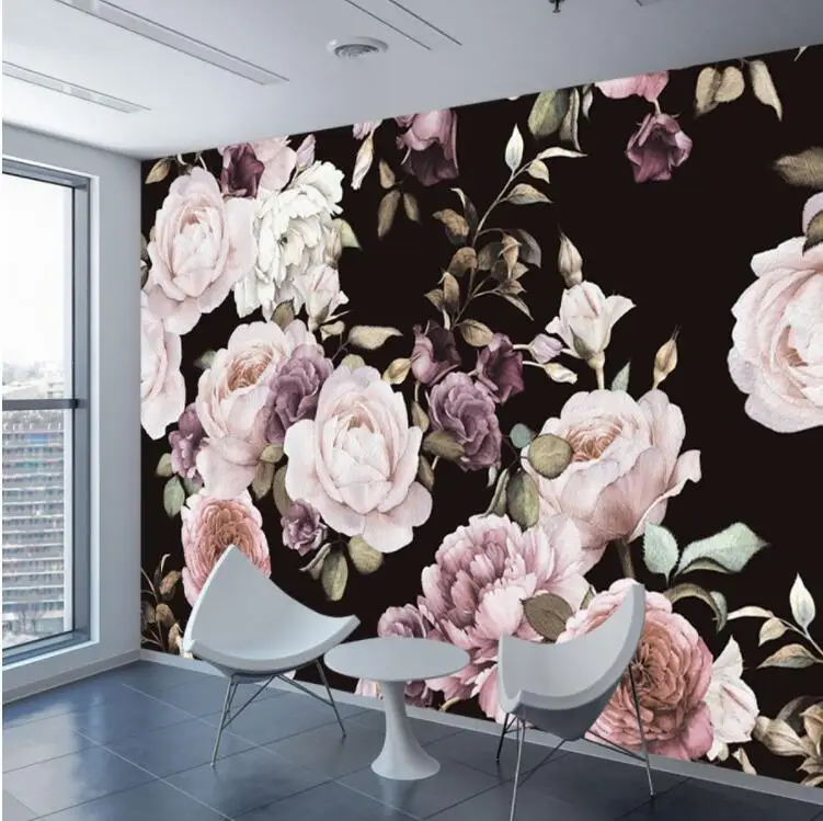 

Custom 3D Photo Wallpaper Mural Hand Painted Black White Rose Peony Flower Wall Mural Living Room Home Decor Painting Wall Paper