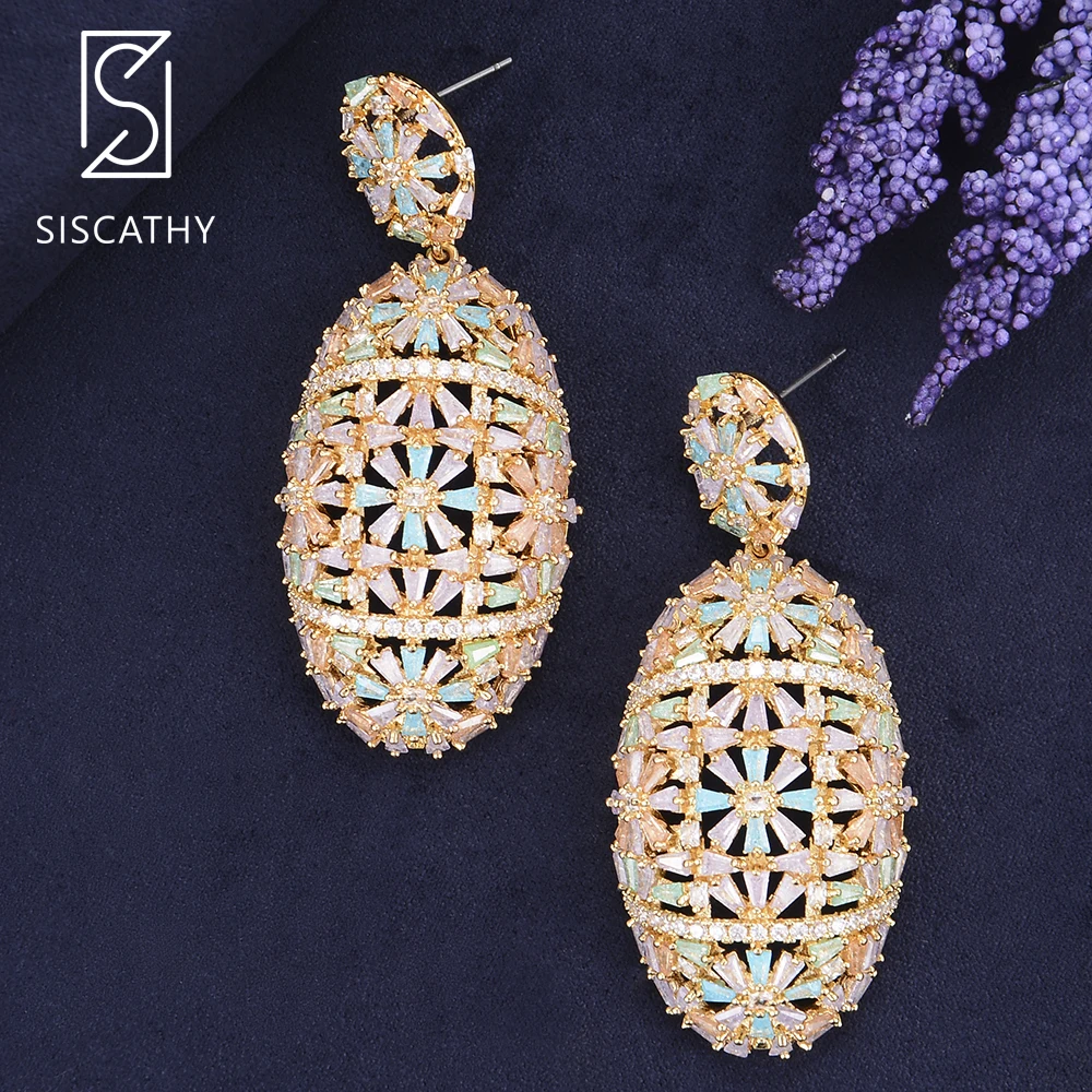 Sisathy Роскошные полые Свадебные нигерийские золотые длинные висячие серьги обручальные кубические циркониевые серьги ювелирные изделия