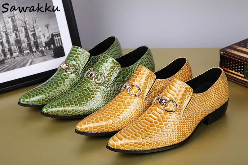 

Fashion Genuine Leather Mens Dress Shoes Green Snakeskin Print Loafers Flats Office Casual Business Shoes With Metal Buckles