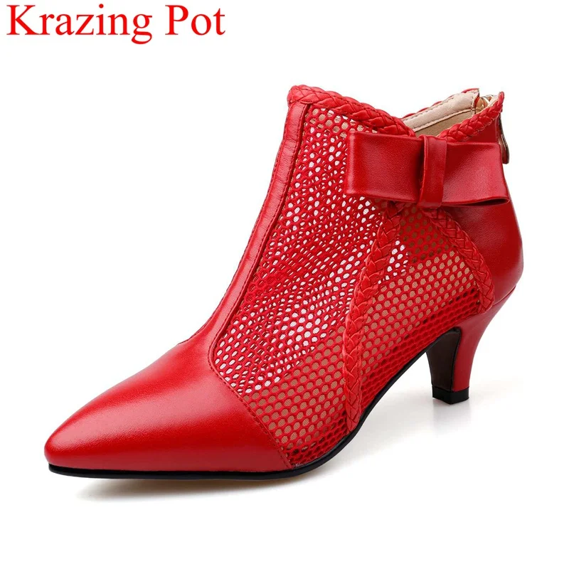 

2019 new superstar zipper butterfly-knot summer boots med heels women ankle boots pointed toe Breathable party autumn shoes L3f8