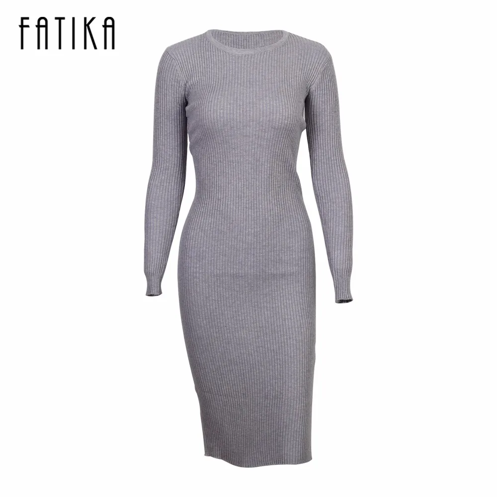 

FATIKA 2017 Fashion Women Long Sleeve Bodycon Sexy Dresses Back Split O Neck Knitted Knee-Length Dress For Women