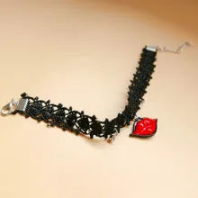 Fashion Gothic Style Black Tattoos Lace Anklets with Rhinestone Red Lip Charm Beach Barefoot Sandals Foot