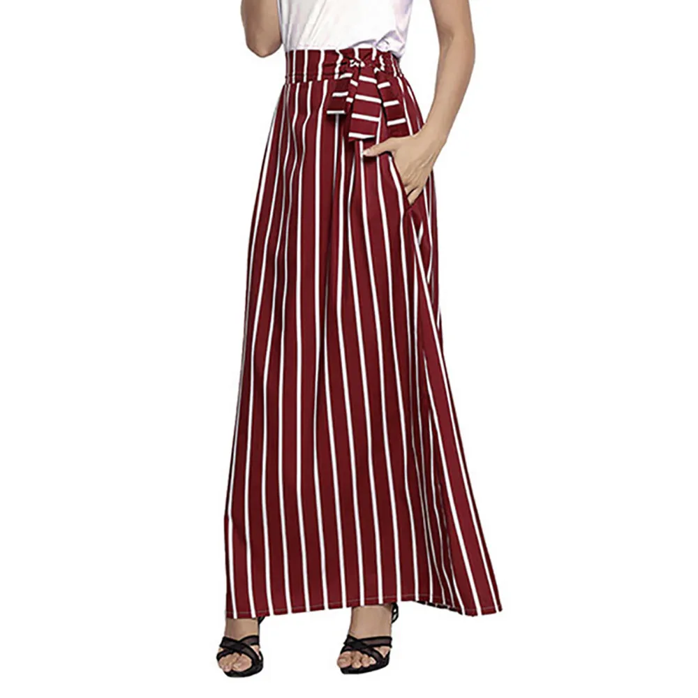 

2019 Autumn Women Long Skirt Chic Colorblock Striped Maxi Skirts Summer Full-length High Waist Tie Big Hem Vintage Skirt