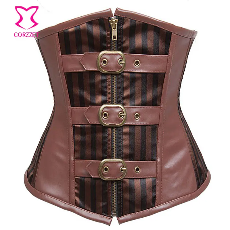 Brown Striped Satin & Faux Leather Cupless Bustier Sexy Underbust